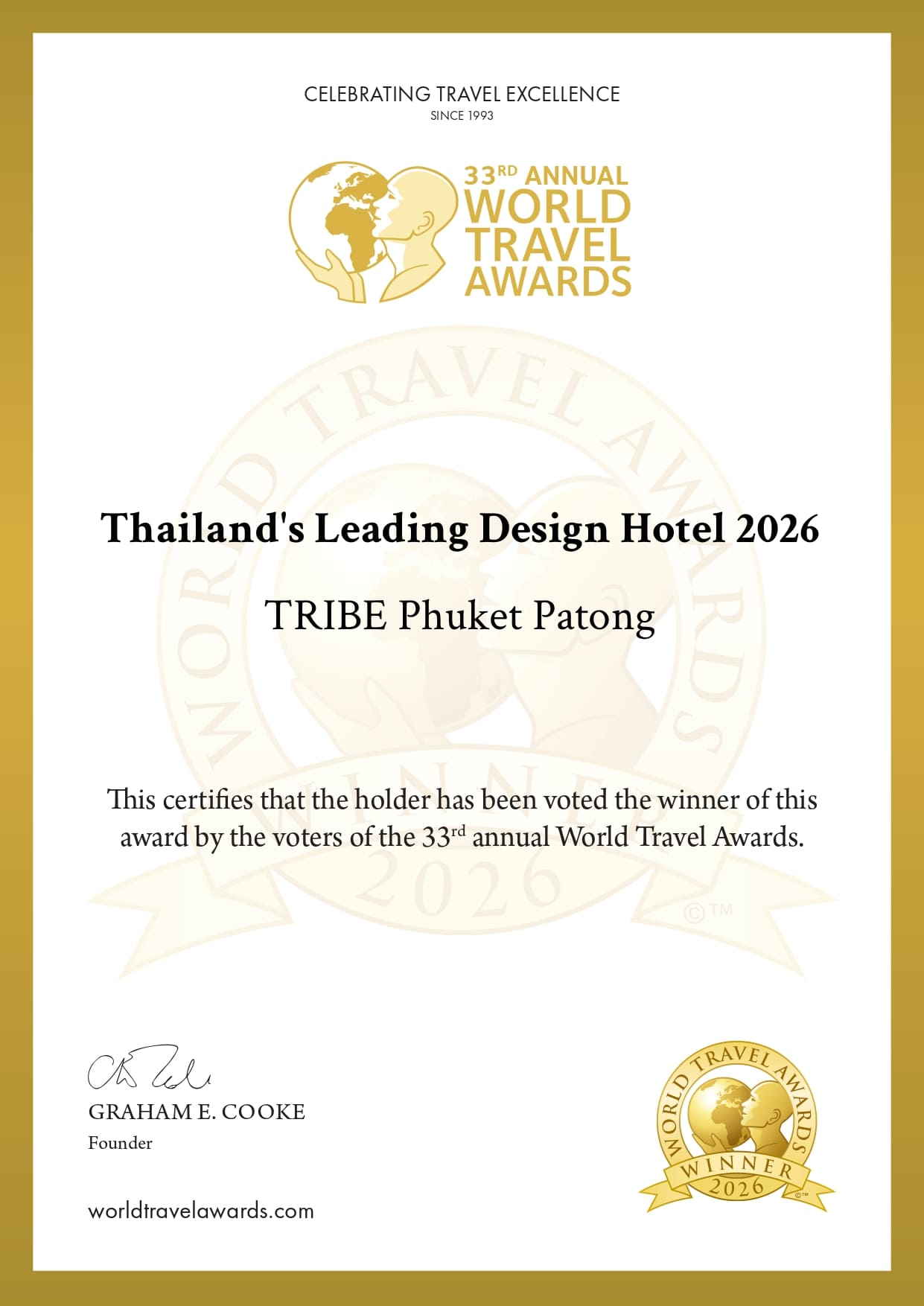 World Travel Awards 2026 winner certificate: Thailand’s Leading Design Hotel, TRIBE Phuket Patong